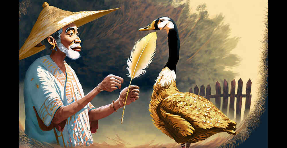 plucked a single golden feather from the magical goose and gave it to the village elder.