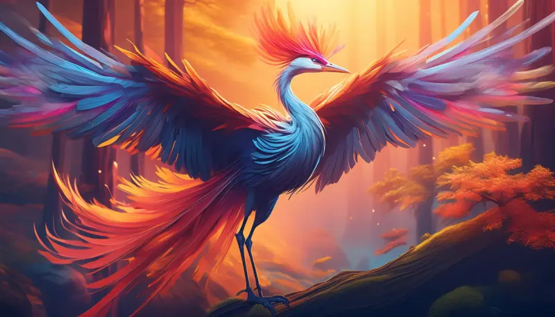 The crane, covered in colorful feathers and a long tail, struggles to fly.