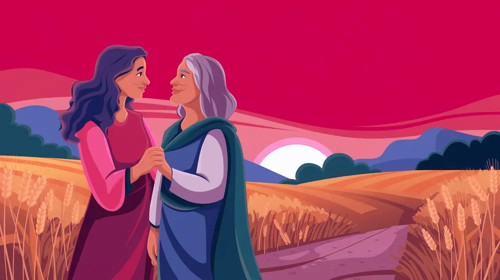 Ruth and Naomi walking on a dusty road toward Bethlehem at sunset.