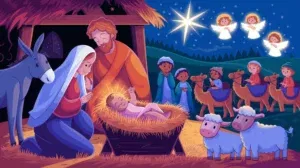 A peaceful night scene with baby Jesus in a manger, Mary and Joseph nearby, animals resting, a bright star shining, and shepherds and wise men approaching.