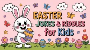 Smiling Easter bunny holding a decorated egg with butterflies, flowers, and clouds around text that says Easter Jokes & Riddles for Kids