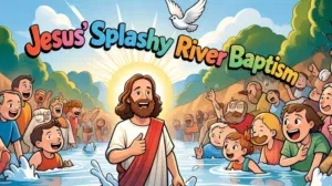 Jesus and John the Baptist standing in the Jordan River with a dove above and a happy crowd watching.