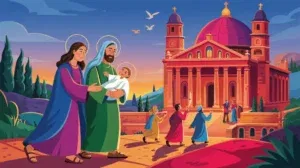 Mary and Joseph walking toward the temple in Jerusalem, carrying baby Jesus.