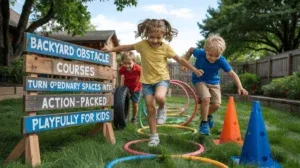 Kids running and jumping through a homemade obstacle course in a sunny backyard.