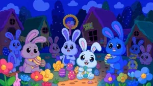 Binky the Bunny and other animals decorating Easter eggs in a sunny Bunnyville garden