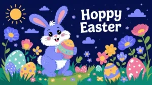 Cute cartoon bunny holding a decorated Easter egg with colorful flowers and eggs around, and the text "Hoppy Easter"