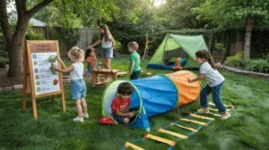 Kids enjoying various outdoor activities like scavenger hunts, camping, and obstacle courses in a green backyard.