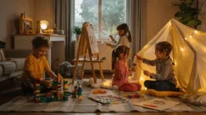 Kids playing indoors on a rainy day, building a blanket fort, painting, and building with LEGO.