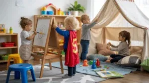 Kids playing and crafting indoors in a colorful playroom