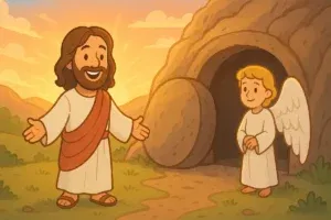Jesus stands near the empty tomb