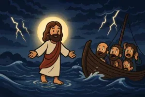 Jesus walking on water during a storm